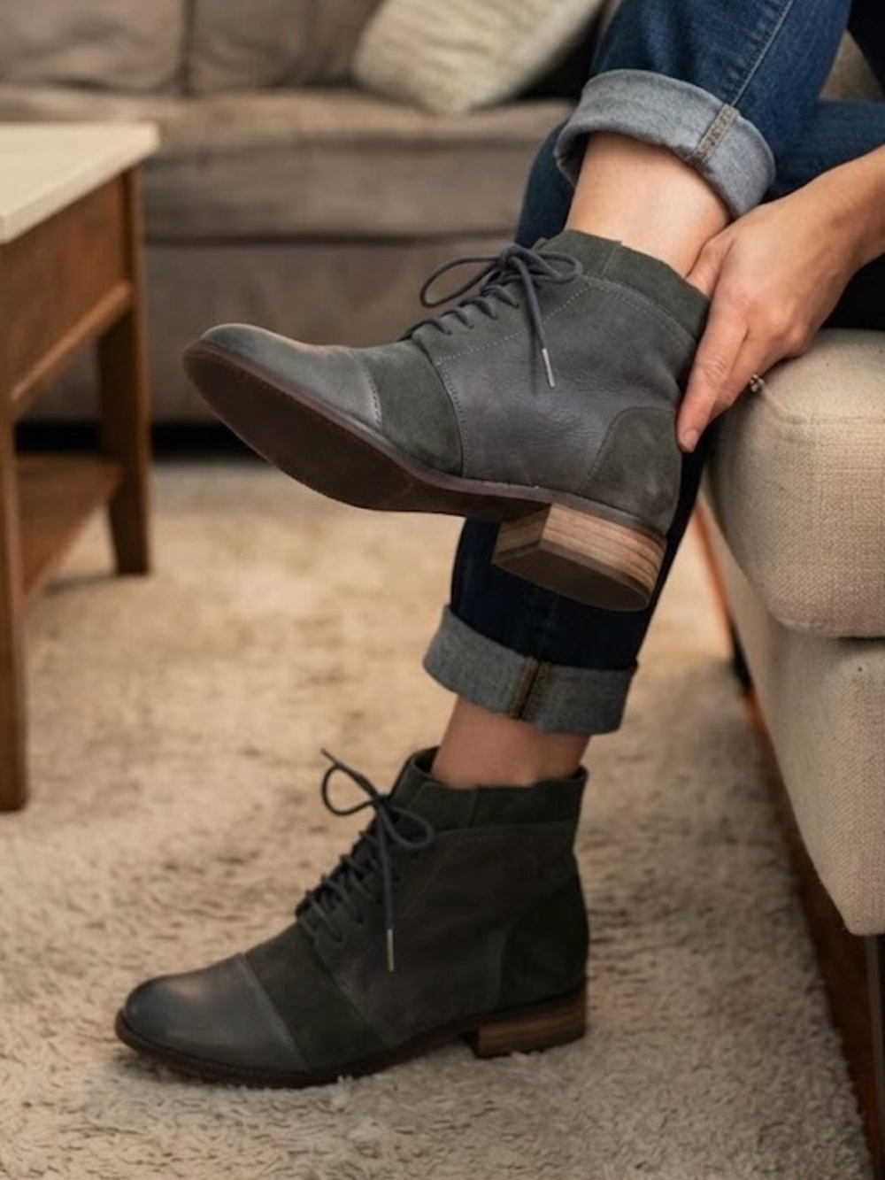 Portugal Designer Two-Tone Grey/Blue Leather Suede Cap-Toe Lace-Up Ankle Boots
